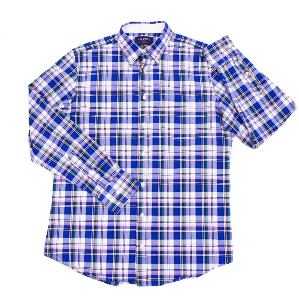 Charles Tyrwhitt Slim Fit Mens M Blue Plaid Oxford LS Button Front Weekend Shirt